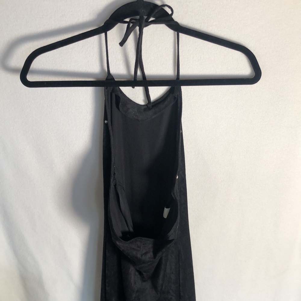 **SOLD* Aziz Black Halter Dress Decorative Studs. Low Back, V Bottom Hem. Size S - Picture 4 of 8
